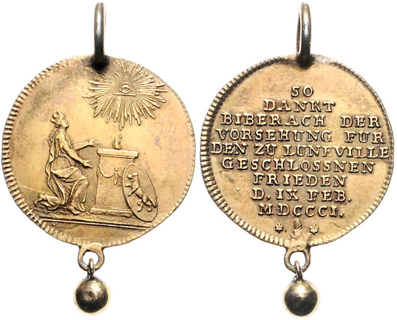 Biberach, Stadt. 
Altvergoldete Medaille 1801 (v. Neuß) auf den Frieden von Lun...