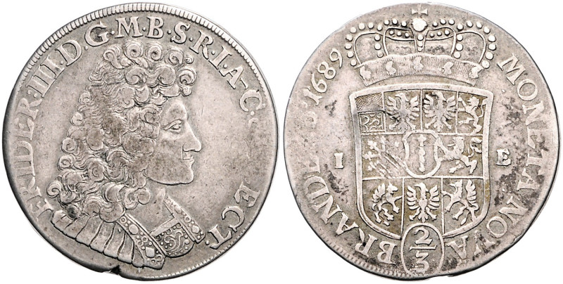 Brandenburg/-Preußen. 
Friedrich III. 1688-1701. 2/3 Taler 1689 IE Magdeburg. v...