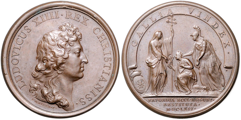 Erfurt, Stadt. 
Bronzemedaille 1664 (v. J. Mauger) auf die Rückgabe der Stadt a...