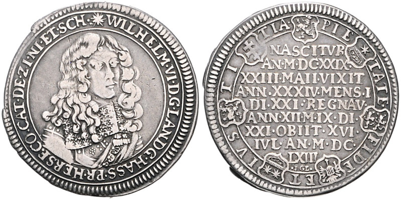 Hessen/-Kassel. 
Wilhelm VI. 1637-1663. 1/4 Taler 1663 auf seinen Tod. Schütz&n...