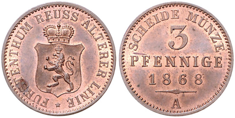Reuss-ältere Linie zu Obergreiz. 
Heinrich XXII. 1859-1902. 3 Pfennig 1868 A. A...