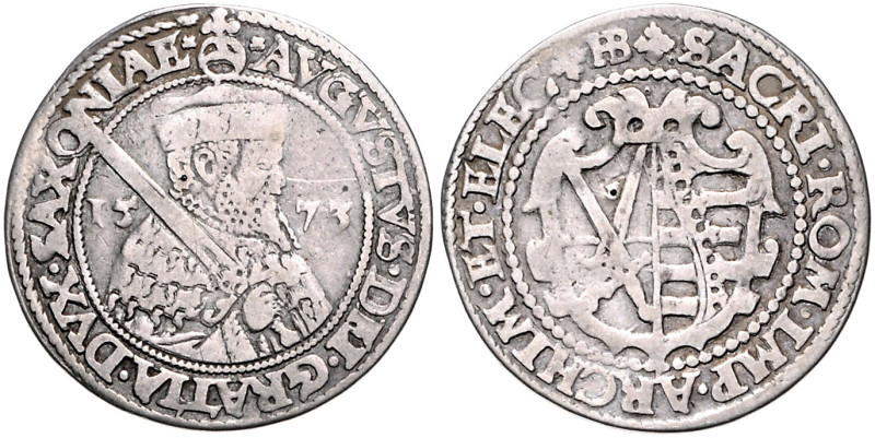 Sachsen/-Albertinische Linie. 
August 1553-1586. 1/4 Taler 1573 HB. Keilitz/Kah...