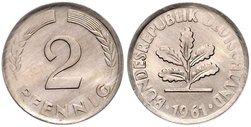 2 Pfennig 1961 F Probeprägung in Kupfer-Nickel. Ähnliche Stücke aus der Stuttgar...