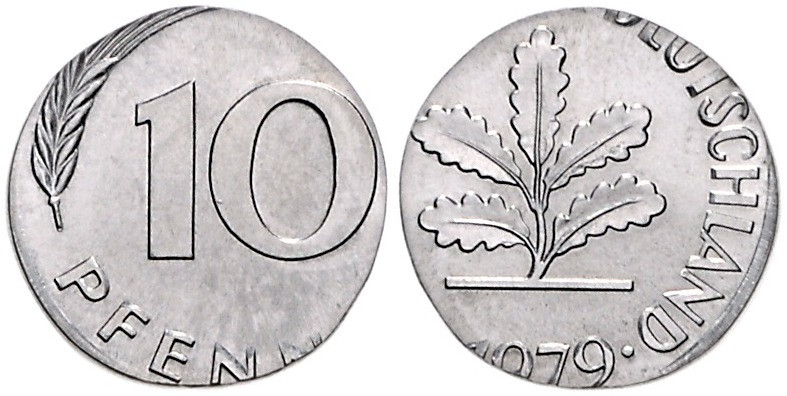 10 Pfennig 1979 Fehlprägung auf extrem kleinen Nickel-Schrötling, magnetisch. Ja...