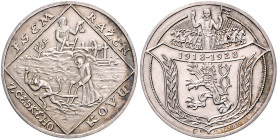 Tschechoslowakei. Erste Republik 1918-1938. Silbermedaille 1928 (v. O. Spaniel) auf 10 Jahre Republik, mit 2 Punzen auf der Vs. K (Kremnitz) und 987 (...