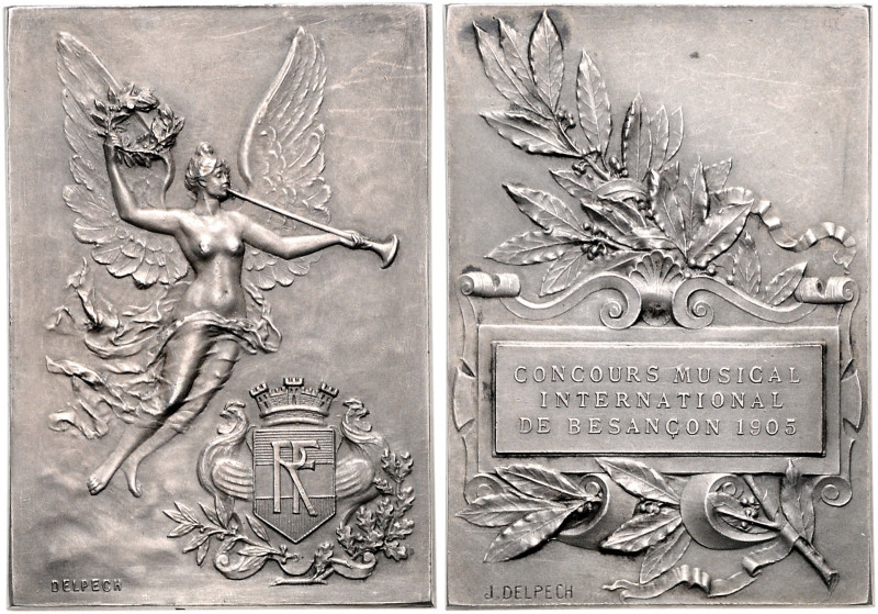 Jugendstil. 
Versilberte Bronzeplakette o.J. (v. Delpech) Prämie des Musikwettb...