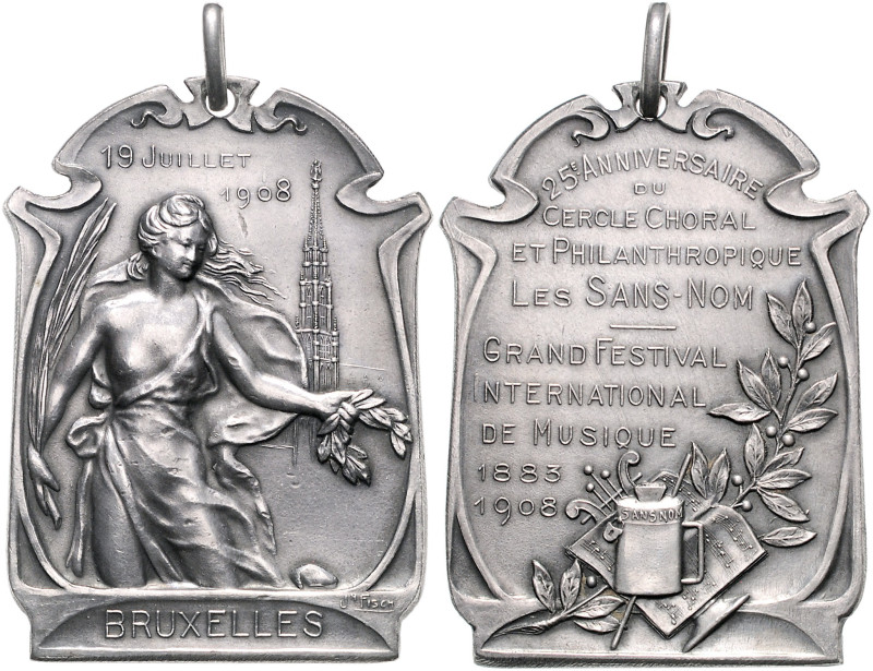 Jugendstil. 
Versilberte Bronzeplakette 1908 (v. Fisch) auf das 25-jährige Jubi...