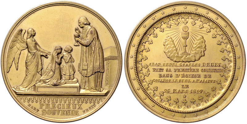 Religion. 
Vergoldete Bronzemedaille 1849 graviert (v. Hart) auf die erste Komm...