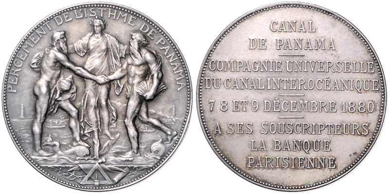 Schifffahrt. 
Silbermedaille 1880 (v. Roty) auf den Panama-Kanal, i. Rd: Füllho...