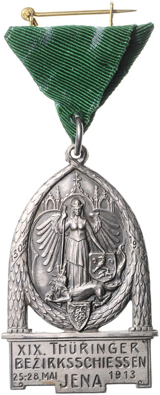 Schützenmedaillen. 
Jena. 
Versilbertes Abzeichen 1913 auf das 19. Thüringer B...