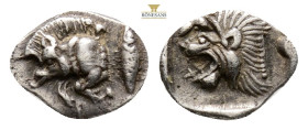 Greek MYSIA, Kyzikos (Circa 450-400 BC) AR obol
Obv: Forepart of boar left; to right, tunny upward.
Rev: Head of roaring lion left; 0,32g 10,4mm.