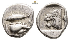 MYSIA. Kyzikos. Diobol (Circa 525-475 BC). 1.2 g. 11,7 mm.
Forepart of boar left; tunny to right.
Rev: Head of roaring lion left.