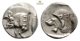 Mysia, Kyzikos. AR Hemiobol, . Circa 450-400 BC.
Obv: Forepart of boar left; to right, tunny upward.
Rev: Head of roaring lion left; star to upper lef...