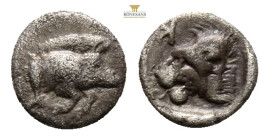 Mysia, Kyzikos. AR Hemiobol, . Circa 450-400 BC.
Obv: Forepart of boar right; to left, tunny upward.
Rev: Head of roaring lion left; star to upper lef...