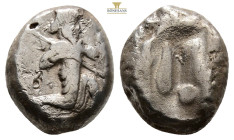 Persia, Achaemenid Empire. Xerxes I - Darius II. AR, Siglos.5.4 g 15.8 mm. Circa 485-420 BC.
Obv: Persian King / hero kneeling-running right, holding ...