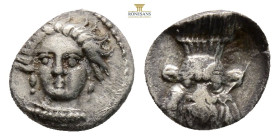 CILICIA, Uncertain (Circa 4th century BC)AR Obol (9,5 mm, 0.61 g.)Obv: Female head of (Arethusa?) facing slightly to left, wearing necklace.Rev: Facin...