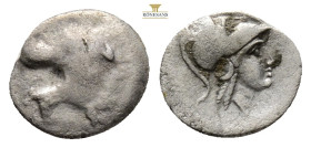 PAMPHYLIA, Side. Circa 400-380 BC. AR Obol Head of lion right / Helmeted head of Athena right.
0.42 g 10,4 mm