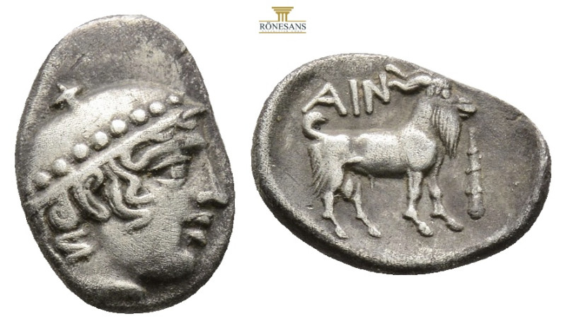 Thrace, Ainos AR Diobol. Circa 435-405 BC. Head of Hermes to right, wearing peta...