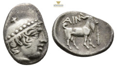 Thrace, Ainos AR Diobol. Circa 435-405 BC. Head of Hermes to right, wearing petasos / Goat standing to right; AIN above, club before. May, Ainos 125-7...