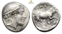 Thrace, Ainos AR Diobol. Circa 435-405 BC. Head of Hermes to right, wearing petasos / Goat standing to right; AIN above, club before. May, Ainos 125-7...