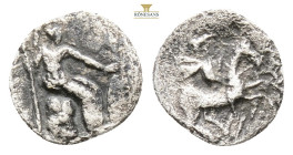 Cilicia, uncertain mint AR Obol. 4th century BC. Rider on horseback galloping to right, wearing petasos and mantle / Athena seated to right on rocks, ...