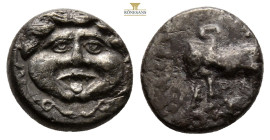 Mysia, Parion. 4th century B.C. AR hemidrachm (13 mm, 2.1 g). Facing gorgoneion / ΠA-PI, bull standing left, head turned right.