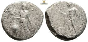 PAMPHYLIA. Side. Stater (22,5 mm, 10.3 g.) (Circa 400-350 BC). Obv: Athena standing left, supporting shield and spear and holding owl? pomegranate to ...