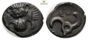 Dynasts of Lykia, Perikles AR Third Stater. Circa 380-360 BC. 2,7 g. 15,2 mm.  Facing lion \ s scalp / Triskeles \ Perikle\ in Lykian script around; a...