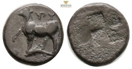 Greek THRACE, Byzantion (Circa 340-320 BC) AR Diobol (17,3 mm, 5,2 g)
ObV: ΠY. Bull standing left on dolphin
Rev: Quadripartite millsail incuse. SNG...