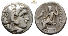 Kings of Macedon. Alexander III The Great; 336-323 BC, Drachm, (16,4 mm, 4 g.) Obv: Head of Heracles r. wearing skin of lion\'s head with mane. Rx: Ze...