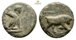 CARIA. Kaunos. (circa 350-300 BC) AE Bronze (12,1 mm 1.3 g.)Obv: Bull butting right, Rev: K-A, Sphinx seated right.SNG Copenhagen 183; BMC 7-10