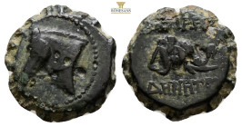 Seleukid Empire, Demetrios I Soter Serrate Æ Antioch on the Orontes, 162-150 BC. Bridled head of horse to left / [B]AΣIΛEΩΣ [Δ]HMHTPIOY, head of eleph...