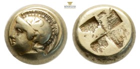 Greek, IONIA, Phokaia (Circa 478-387 BC) EL Hekte (9,6 mm, 2.55 g)
Obv: Helmeted head of Athena left; below, small seal left.
Rev: Quadripartite inc...