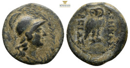 Mysia. Pergamon circa 133-27 BC. Bronze Æ, 19,8 mm. 3,8 g.
Helmeted head of Athena right within wreath / AΘHNAΣ APEIAΣ, owl standing right, head faci...
