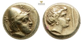 Greek, LESBOS, Mytilene (Circa 377-326 BC) EL Hekte (10,1 mm, 2.58 g)
Obv: Head of Kabeiros right, wearing wreathed cap; two stars flanking.
Rev: He...