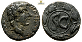 Seleucis and Pieria. Antioch. Tiberius AD 14-37. Bronze Æ 21,8 mm., 7,7 g. laureate head right / SC in laurel wreath of six leaves. SNG Cop 146; Cohen...