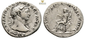 Trajan Rome, 108 AD. AR denarius, (18,7 mm, 3.2 g). IMP TRAIANO AVG GER DAC PM TRP laureate head right / COS V PP SPQR OPTIMO PRINC Aequitas seated le...