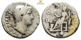 Hadrian. A.D. 117-138. AR denarius (18,4 mm, 3.1 g, ) Rome, ca. A.D. 124-128. HADRIANVS AVGVSTVS, laureate head of Hadrian right, slight drapery on fa...