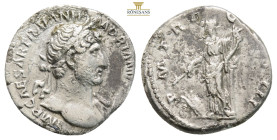 Hadrianus 117-138 AD. AR Denarius (17,8mm, 3.1 g,). IMP CAESAR TRAIAN H-ADRIANVS AVG, laureate bust right, displaying bare shoulder and chest, slight ...