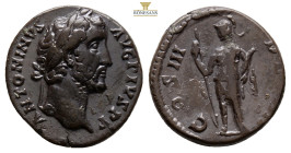 Antoninus Pius AR Denarius. Rome, AD 144. ANTONINVS AVG PIVS P P, laureate head to right / COS III DES IIII, Virtus standing facing, head to left, hol...