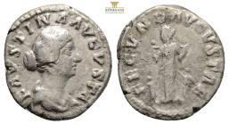 Faustina II, AD 147-175. AR, Denarius. 2,8 g. 18.2 mm. Rome.
Obv: FAVSTINA AVGVSTA. Bust of Faustina II, bare-headed, hair waved and fastened in a bun...
