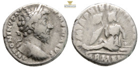 Marcus Aurelius AR Denarius. Rome, AD 164. 3,3 g. 16,6 mm. ANTONINVS AVG ARMENIACVS, laureate head right / P M TR P XVIII IMP II COS III, Armenia seat...