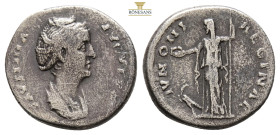 Diva Faustina Senior, died 140/1. Denarius (17,5 mm, 3.2 g), Rome. FAVSTINA AVGVSTA Diademed and draped bust of Faustina Senior to right. Rev. IVNONI ...