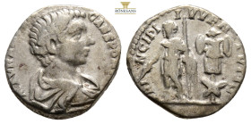 Geta, Caesar (AD 198-209). Denarius, (AR, 17,3 mm, 2,8 g)
AD 200-202, Rome.
P SEPT GETA CAES PONT Bust of Geta right, draped. / PRINC IVVENTVTIS Geta ...