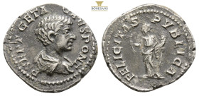 Geta (198-209 AD) Rome AR Denarius (19,6 mm, 3.2 g.) Obv: P SEPT GETA CAES PONT. Bare-headed and draped bust of Geta, right. Rev: FELICITAS PVBLICA. F...