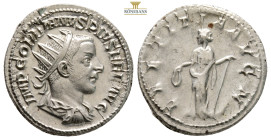 Gordianus III Pius (238-244 AD). AR Antoninianus (27 mm, 4 g.) Rome.
Obv. IMP GORDIANVS PIVS FEL AVG, Radiate, draped and cuirassed bust to right, se...