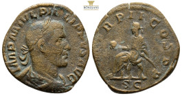 Philip I (244-249). AE Sestertius, 245 AD. Obv. IMP M IVL PHILIPPVS AVG. Laureate, draped and cuirassed bust right. Rev. PM TR P II COS PP SC. Philip ...