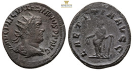 Valerian I, Viminacium, 256 AD. AR antoninianus, 3.2 g. 22,5 mm. IMP C P LIC VALERIANUS P F AUG radiate, draped, cuirassed bust right / LAETITIA AUGG ...