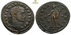 Maximinus II Æ Nummus. Cyzicus, AD 308-309. 6,1 g. 28 mm. GAL VAL MAXIMINVS NOB C, laureate head right. GENIO CAESARIS, Genius standing left, modius o...
