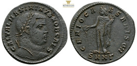 Maximinus II, as Caesar, BI Nummus. Nicomedia, AD 308-310. 4,9 g. 26,6 mm. GAL VAL MAXIMINVS NOB CAES, laureate head to right / GENIO CAESARIS CH Geni...
